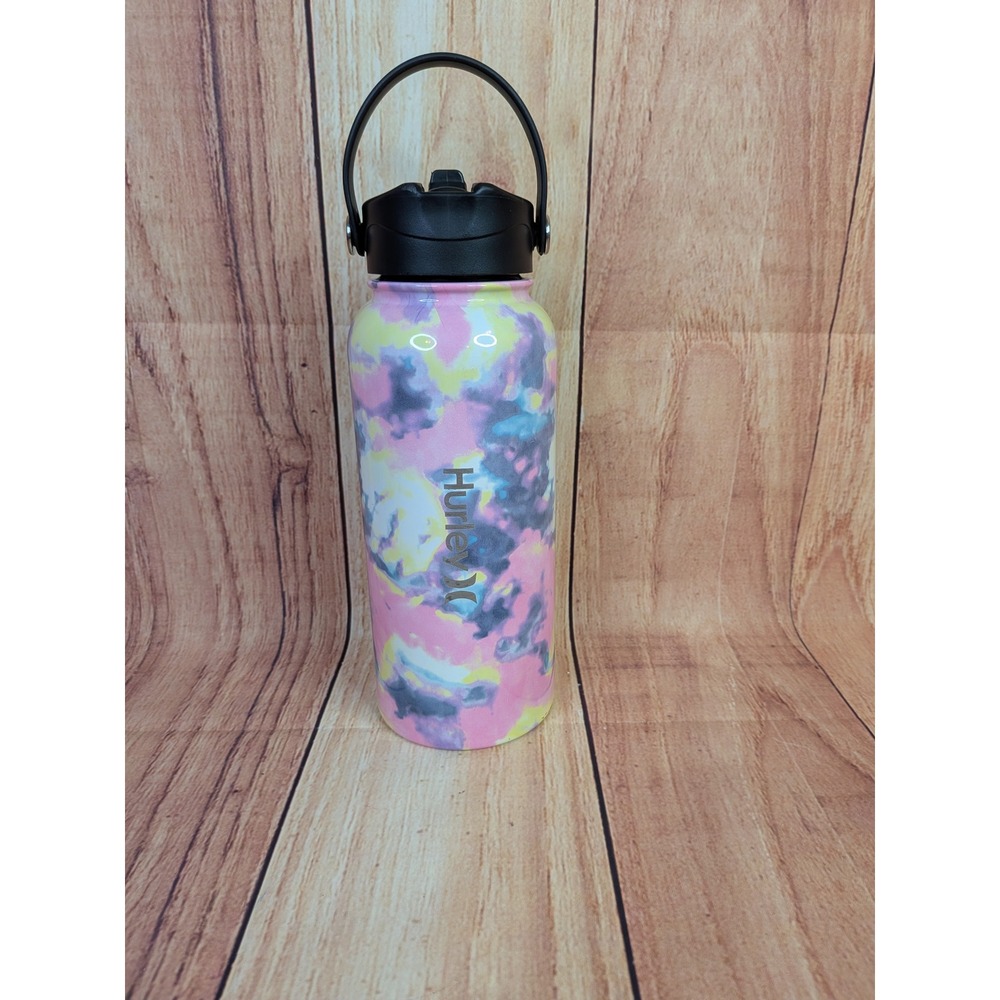 Hurley 32oz Stainless Steel Water Bottle Tumbler Pink Tie Dye with Straw Lid